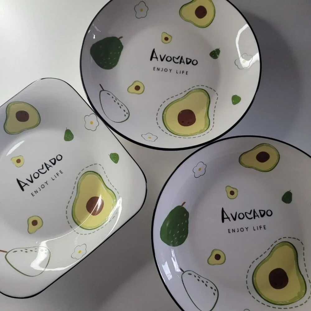 Avocado Enjoy Life Plate Bowl Dish Set‎ 3 Piece Raise Side Green Ceramic Toast